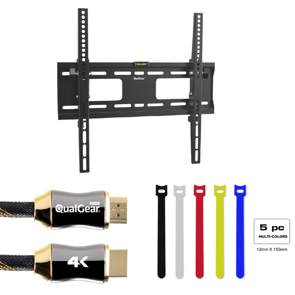QualGear Universal Low Profile Tilting TV Wall Mount for 32-55 Inches LED TV, Black Bundle with 6 Feet HDMI Premium Certified 2.0 cable and 5 Pcs Self-Gripping Cable Ties
