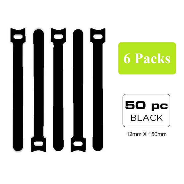 Qualgear Hook & Loop Fastening Self Gripping Cable Ties NAAV-VT2-B-50-P-6PK, 1/2 X 6 Inches, Black, 50 Ties in Each Poly Bag (6 Packs)