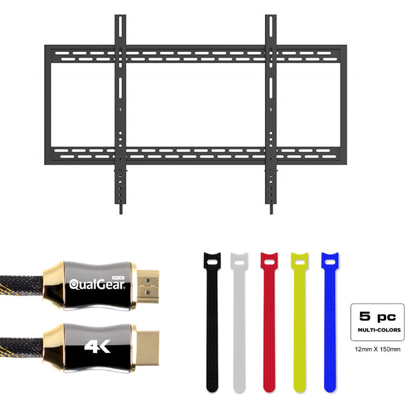 QualGear Heavy Duty Fixed TV Wall Mount For 60-100 Inch Flat Panel and Curved TVs, Black [UL Listed] Bundle with 6 Feet HDMI Premium Certified 2.0 cable and 5 Pcs Self-Gripping Cable Ties