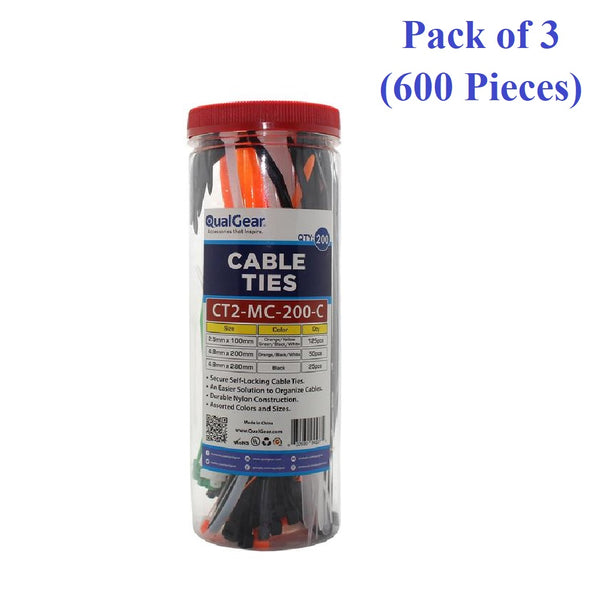 QualGear NAAV-CT2-MC-200-C-3PK Self-Locking Cable Ties, Assorted, 600/Canister (Pack of 3)
