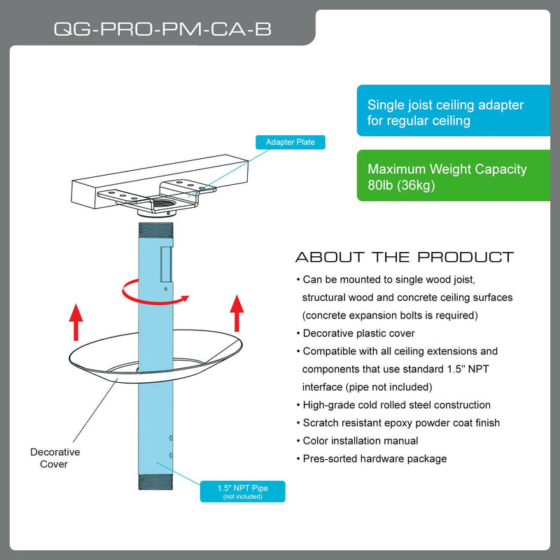 OPEN BOX - QualGear® QG-PRO-PM-CA-B Pro-AV 1.5" Single Joist Ceiling Adapter for Projector