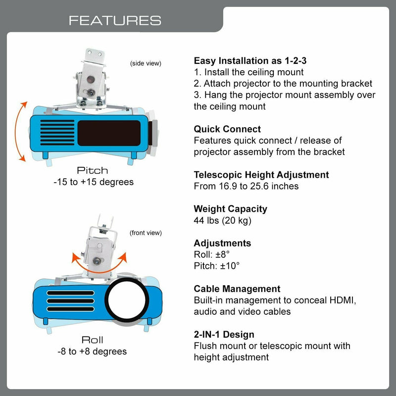 OPEN BOX- QualGear® QG-PM-002-WHT Universal Projector Ceiling Mount, White