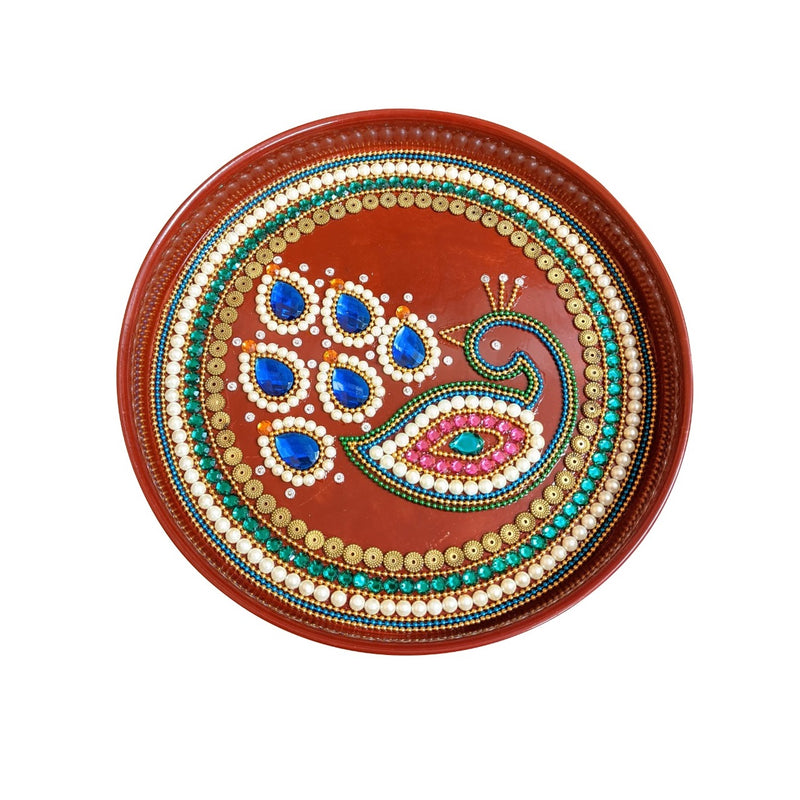Beautiful Peacock Design Handmade Festival Pooja Plate 10" Multipurpose Decorative Pooja Thali with Kundan Work