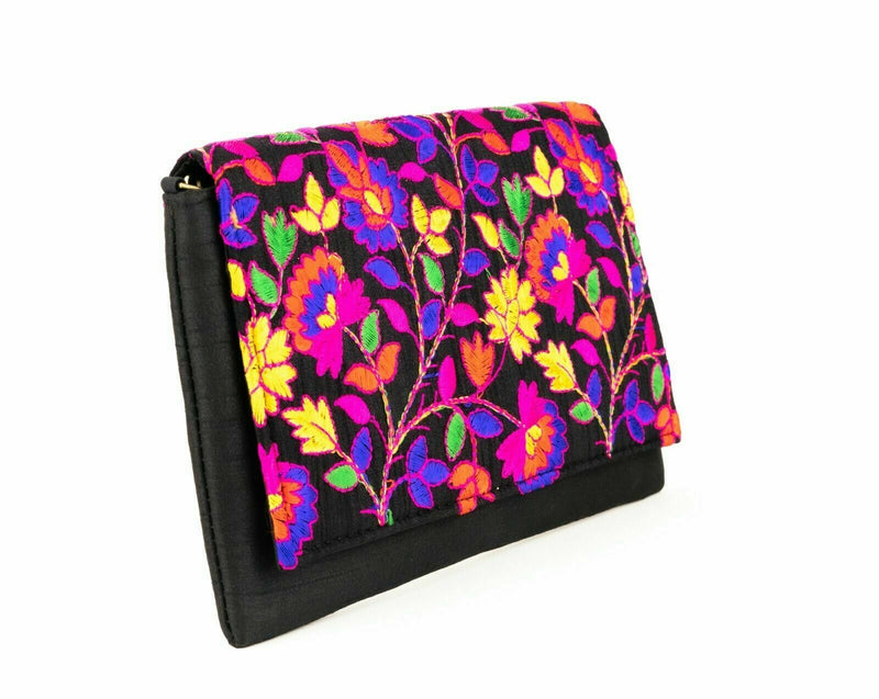 Artisan Handmade Floral Embroidered Envelope Clutch with Black Base