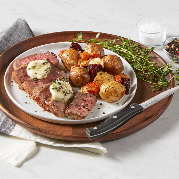 Air Fryer Steak and Winter Root Vegetables with Herb Compound Butter