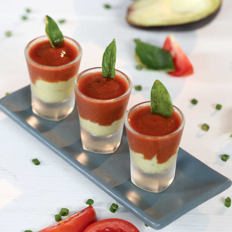 Avocado Tomato Shots Cold Soup of Tart Tomatoes & Creamy Avocados