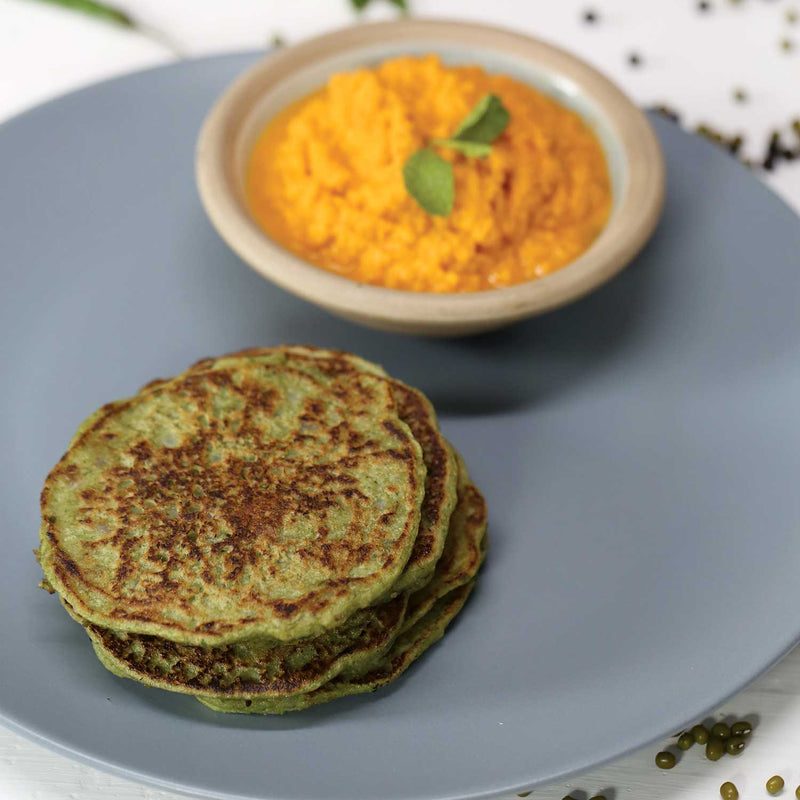 Mung Bean Pancakes, Roasted Tomato Coconut Chutney Savoury Green Moong Dal Pancakes, Curry Leaves Tempering, Creamy Chutney