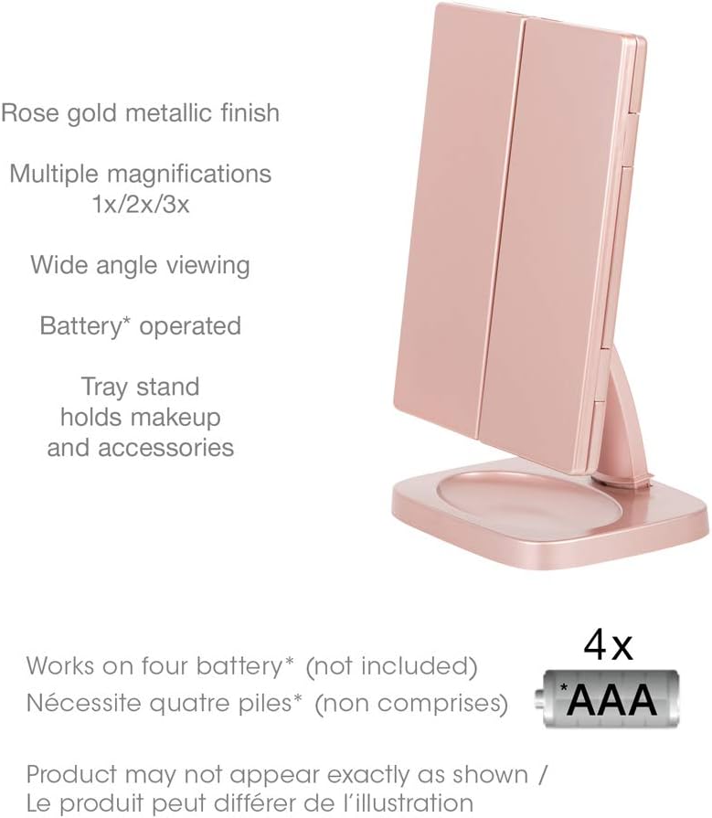True Glow by Conair TGBE90C Trifold Led Lighted Makeup Mirror in Rose Gold, 0.379 Pounds (Refurbished)