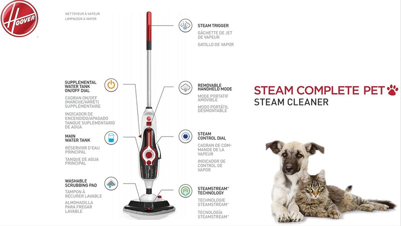 Hoover Complete Pet Steam Mop with Removable Handheld Steamer, Cleaner for Tile and Hardwood Floors, WH21000 (Open Box- "Good As New" Blemished Packaging)