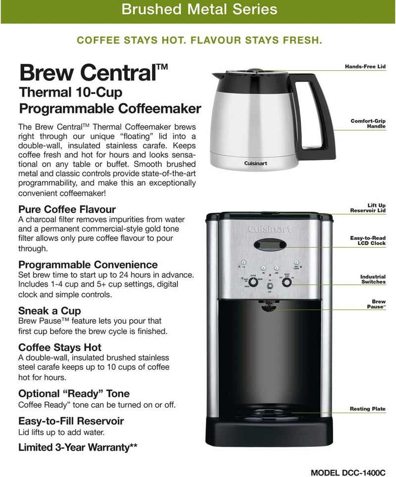 Cuisinart DCC-1400C Brew Central Thermal 10-Cup Programmable Coffeemaker, Brushed Stainless