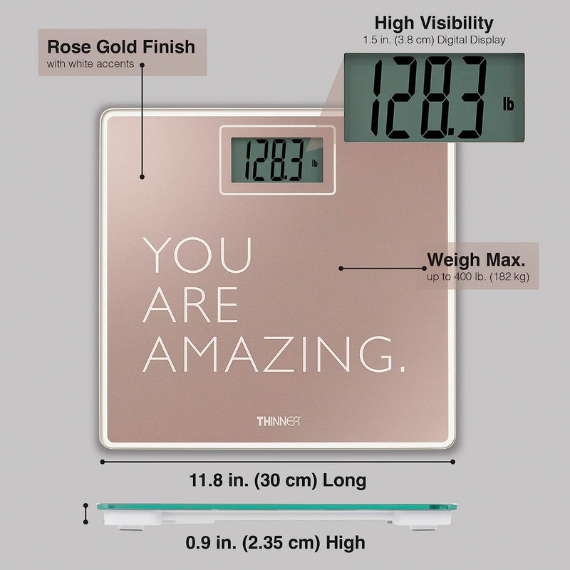 Conair Thinner TH319RGC Digital Inspirational Tempered Glass Scale 200 LB, Extreme Precision and Long Life Battery Included, Rose Gold (Refurbished)