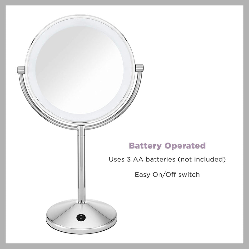 Conair Double-Sided Battery Operated Lighted Makeup Mirror - Lighted Vanity Makeup Mirror, LED Lighting, 1x / 10x Magnification, Polished Chrome Finish
