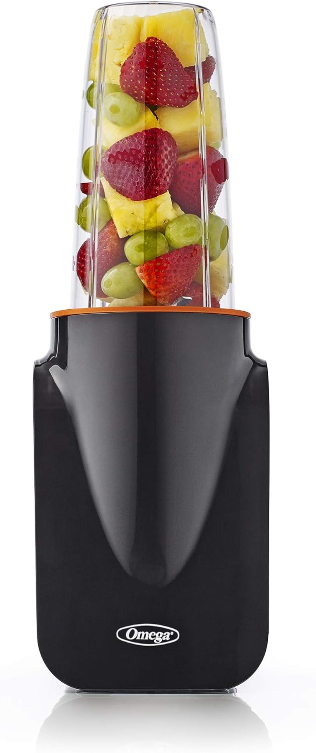 Omega PBL1000BD MeGo Nutrition on The Go Personal Blender for Healthy Smoothies Powerful Motor and Auto Shutoff Blends Hot or Cold with 2 Blending Cups and Stainless Steel Blade, 1000 Watt, Black