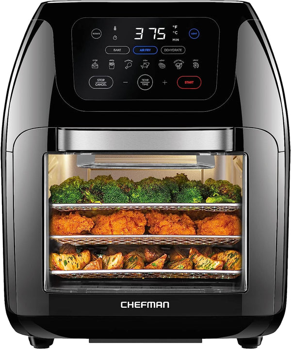 Chefman Multifunctional Digital Air Fryer+ Rotisserie, Dehydrator, Convection Oven, 17 Touch Screen Presets Fry, Roast, Dehydrate & Bake, Auto Shutoff, Accessories Included, XL 10L Family Size, Black (OPEN BOX-NEW)