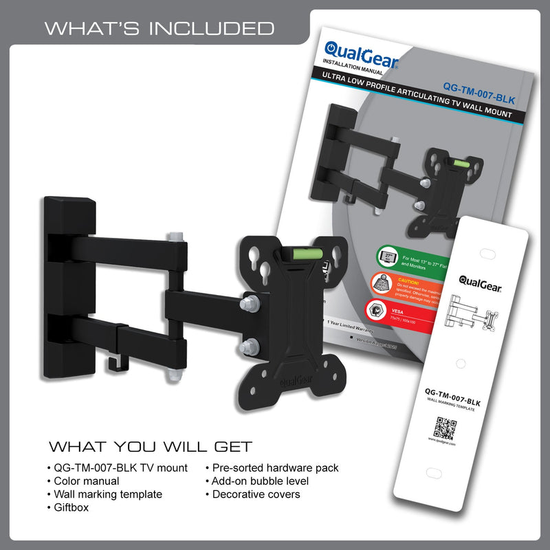 OPEN BOX - QualGear QG-TM-007-BLK 13-Inch to 27-Inch Universal Low Profile Full Motion TV Wall Mount LED TVs, Black