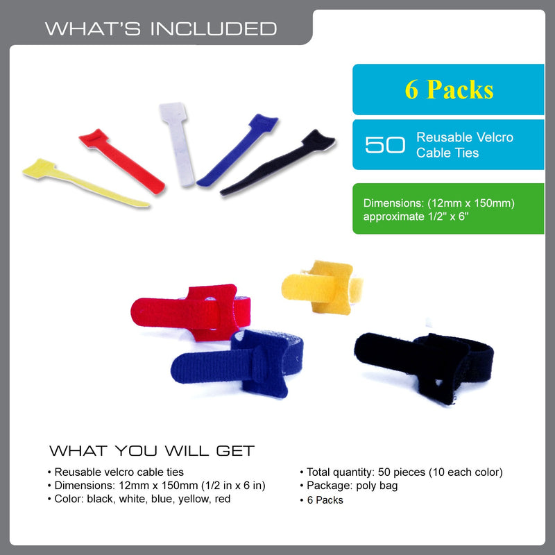 Qualgear Hook & Loop Fastening Self-Gripping Cable Ties NAAV-VT1-MC-50-P-6PK, 1/2 X 6 Inches, Assorted Colors, 300 Pieces (6 Packs)