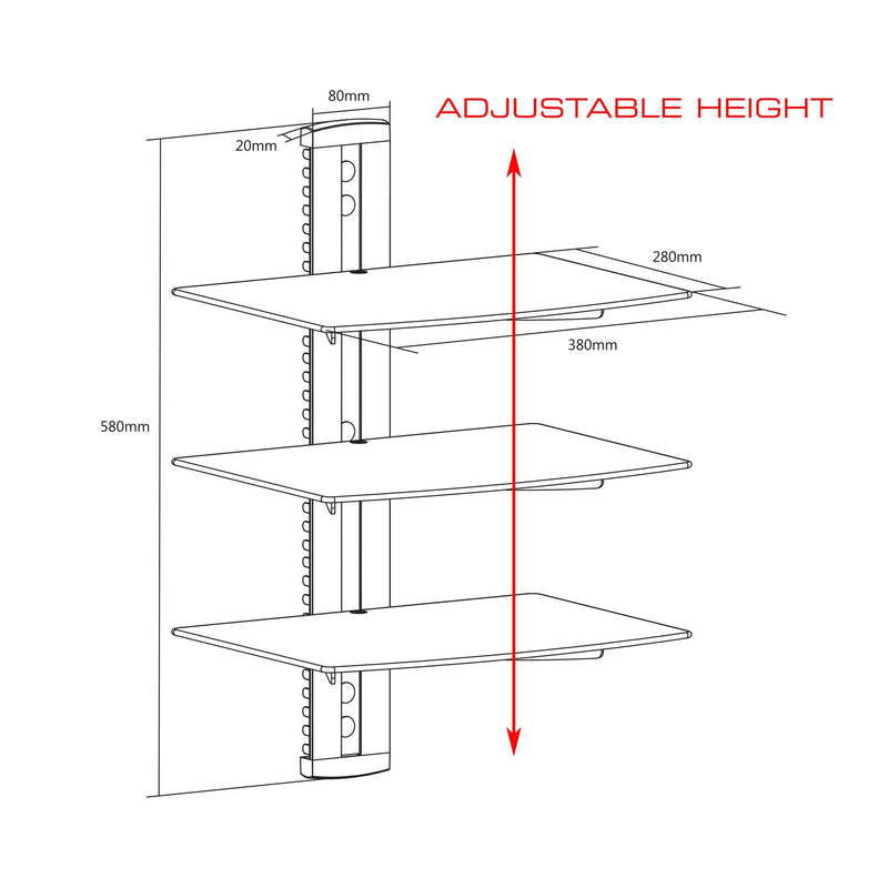 OPEN BOX- QualGear® Universal Triple Shelf Wall Mount for A/V Components upto 8kgs/17.6lbs(x3), Black (QG-DB-003-BLK)