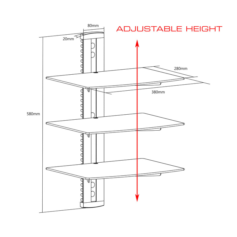 QualGear® Universal Triple Shelf Wall Mount for A/V Components upto 8kgs/17.6lbs(x3), Black (QG-DB-003-BLK)