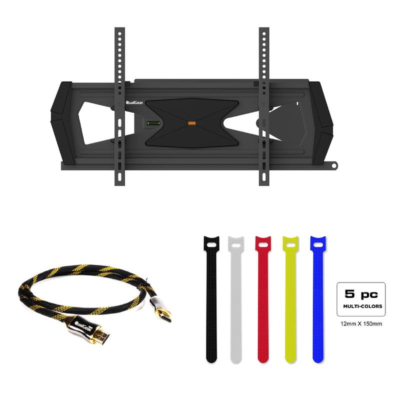 QualGear Heavy Duty Full Motion TV Wall Mount for 37"-70" Flat Panel and Curved TVs, Black [UL Listed] Bundle with 3 Feet HDMI Premium Certified 2.0 cable and 5 Pcs Self-Gripping Cable Ties