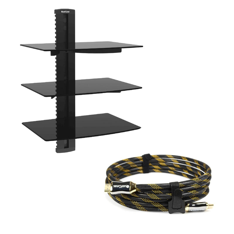 QualGear Universal Triple Shelf Wall Mount for A/V Components Upto 8Kgs/17.6Lbs(X3), Black (Qg-dB-003-Blk) Bundle with 10 Feet HDMI Premium Certified 2.0 cable