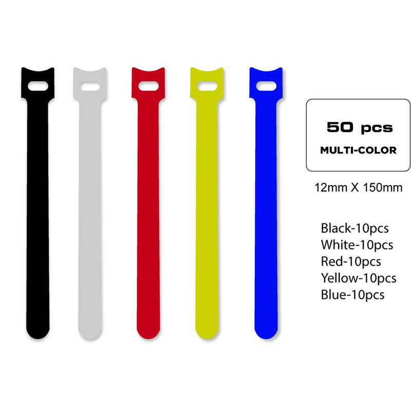 QualGear VT1-MC-50-P Self-Gripping cable ties, 1/2 x 6 Inches, Assorted, 50 Ties in Poly Bag Style