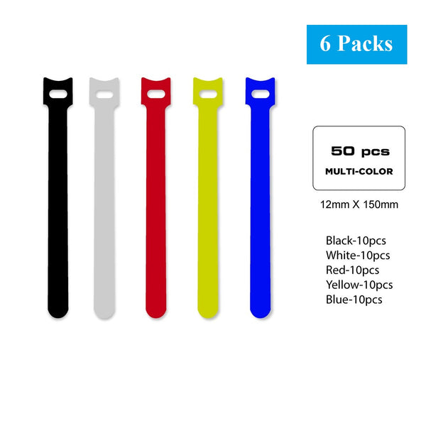 Qualgear Hook & Loop Fastening Self-Gripping Cable Ties NAAV-VT1-MC-50-P-6PK, 1/2 X 6 Inches, Assorted Colors, 300 Pieces (6 Packs)