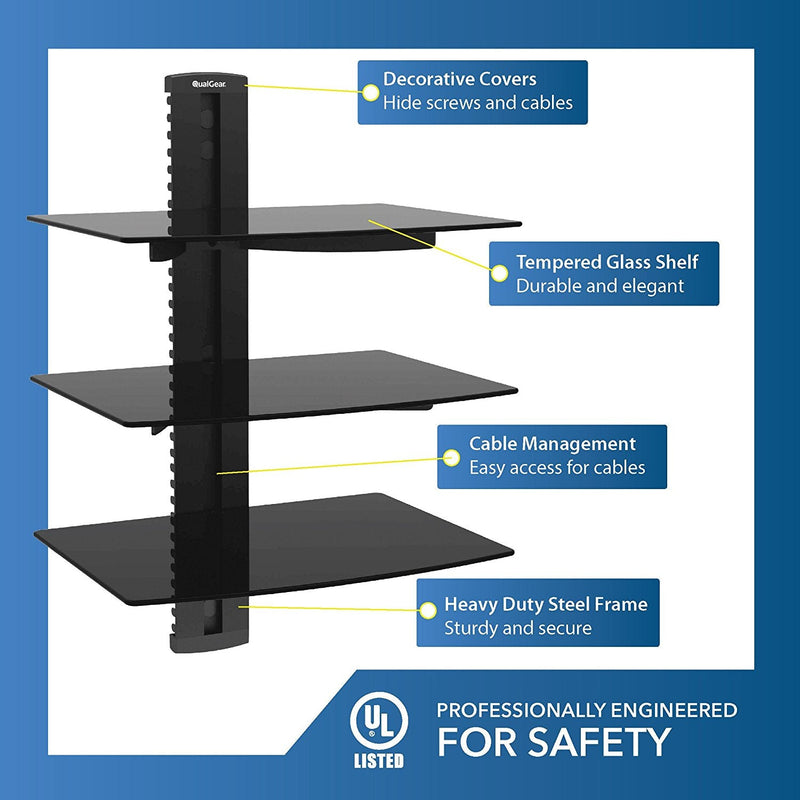 OPEN BOX- QualGear® Universal Triple Shelf Wall Mount for A/V Components upto 8kgs/17.6lbs(x3), Black (QG-DB-003-BLK)