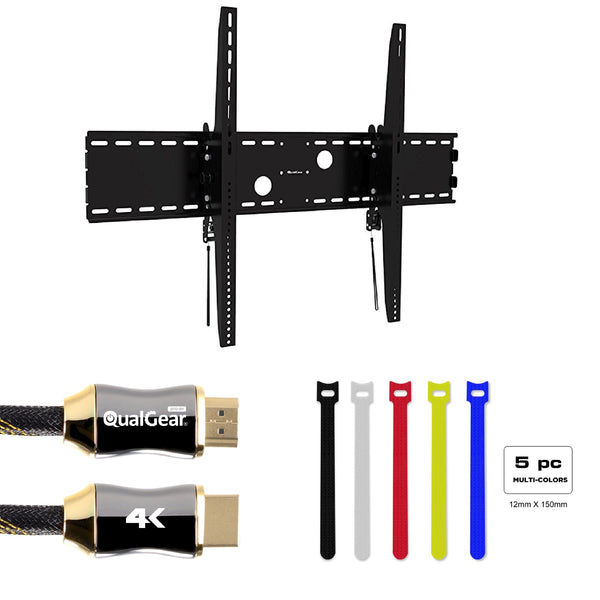 QualGear Heavy Duty Tilting TV Wall Mount for 60"-100" Flat Panel and Curved TVs, Black [UL Listed] Bundle with 6 Feet HDMI Premium Certified 2.0 cable and 5 Pcs Self-Gripping Cable Ties