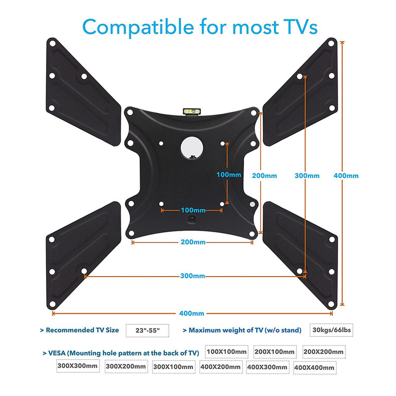 QualGear QG-TM-021-BLK Universal Ultra Slim Low Profile Articulating TV Wall Mount Kit for most 23-inch to 47-inch and some 55-inch LED TVs, w/ HDMI v2.0 Cable 6 ft with Free 10FT High-Speed HDMI 2.0 Cable