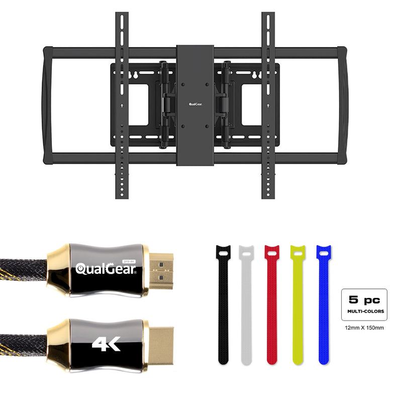 QualGear Heavy Duty Full Motion TV Wall Mount for 60"-100" Flat Panel and Curved TVs UL Listed Black, Bundle with 6 Feet HDMI Premium Certified 2.0 cable and 5 Pcs Self-Gripping Cable Ties