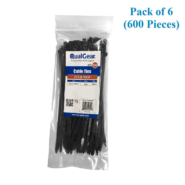 QualGear 4" High Quality Black 600 Pieces, NAAV-CT3-B-100-P-6PK, Self Locking Cable Ties (6 Packs)