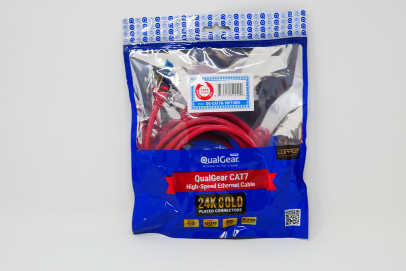 QualGear QG-CAT7R-10FT-RED CAT 7 S/FTP Ethernet Cable Length 10 feet - 26 AWG, 10 Gbps, Gold Plated Contacts, RJ45, 99.99% OFC Copper, Color Red