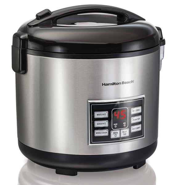 Hamilton Beach Digital Programmable Rice Cooker & Food Steamer, 8 Cups  Cooked (4 Uncooked), With Steam & Rinse Basket, Stainless Steel (37518)