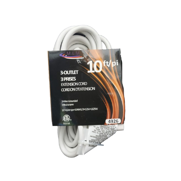 M & M 10 Ft Extension Cord 3 Outlet 3 Pin 4926
