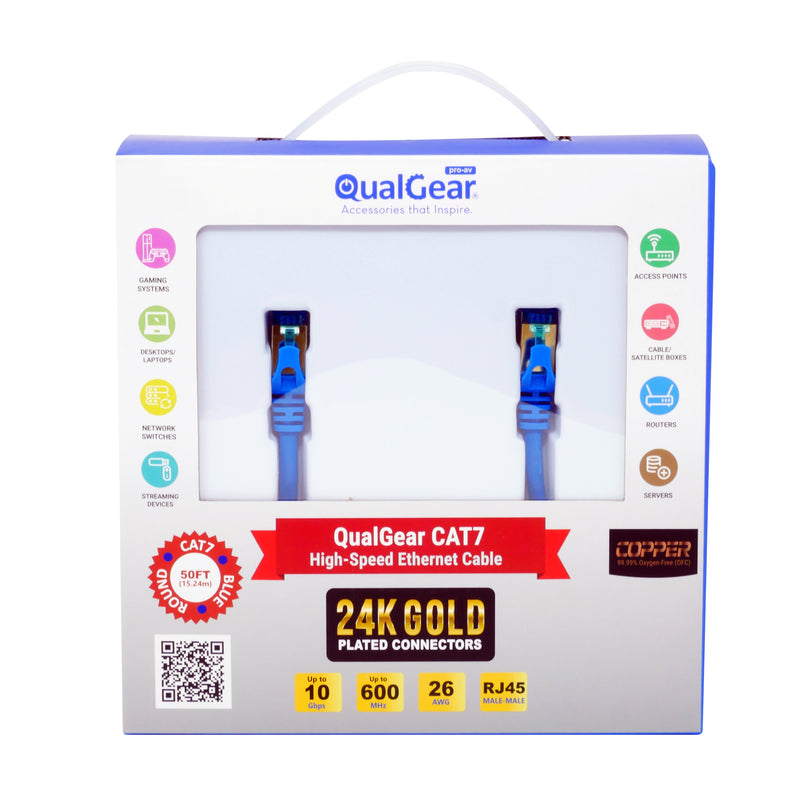 QualGear QG-CAT7R-50FT-BLU CAT 7 S/FTP Ethernet Cable Length 50 feet - 26 AWG, 10 Gbps, Gold Plated Contacts, RJ45, 99.99% OFC Copper, Color Blue