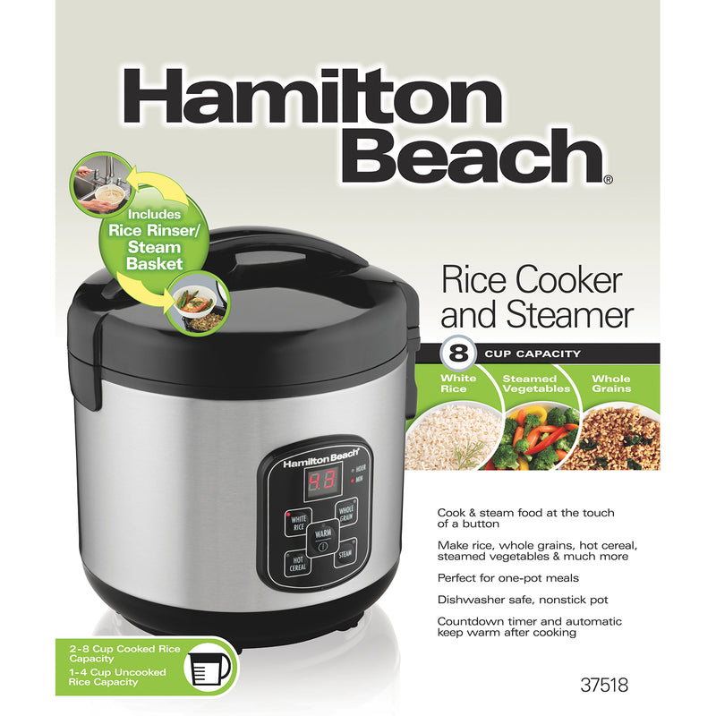 Hamilton Beach Rice & Hot Cereal Cooker, 4-Cups uncooked resulting in 8-Cups (Cooked), with Steam & Rinse Basket (37518)