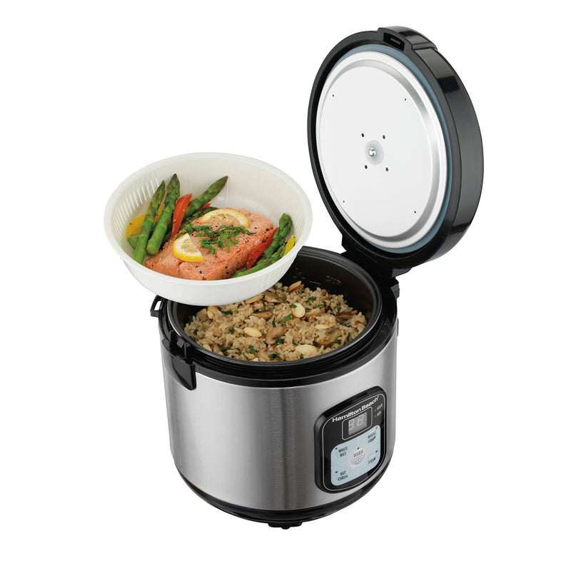 Hamilton Beach Rice & Hot Cereal Cooker, 4-Cups uncooked resulting in 8-Cups (Cooked), with Steam & Rinse Basket (37518)