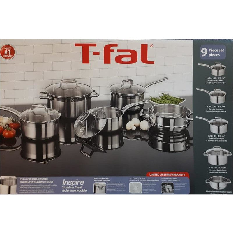 T-fal G707S954 Stainless Steel Inspire Techno Release 9pc Cookware Set