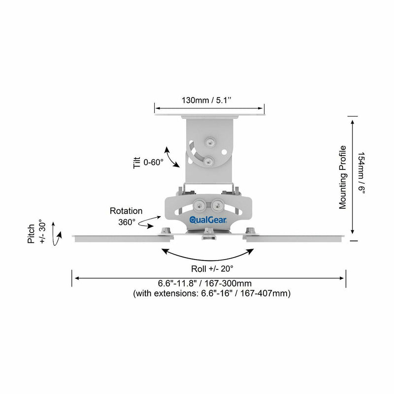 QualGear® PRB-717-WHT 6.6" - 16" Top Quality Universal Ceiling Projector Mount with Free 3FT High-Speed HDMI 2.0 Cable