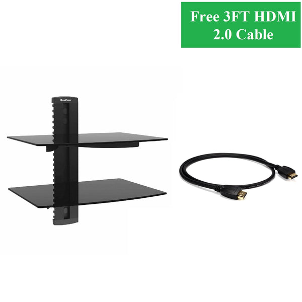 QualGear® Universal Dual Shelf Wall Mount for A/V Components upto 8kgs/17.6lbs(x2), Black (QG-DB-002-BLK) with Free 3FT High-Speed HDMI 2.0 Cable