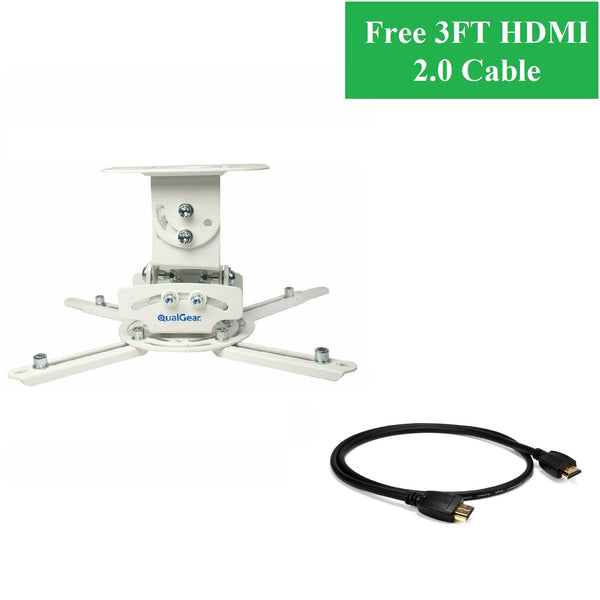 QualGear® PRB-717-WHT 6.6" - 16" Top Quality Universal Ceiling Projector Mount with Free 3FT High-Speed HDMI 2.0 Cable