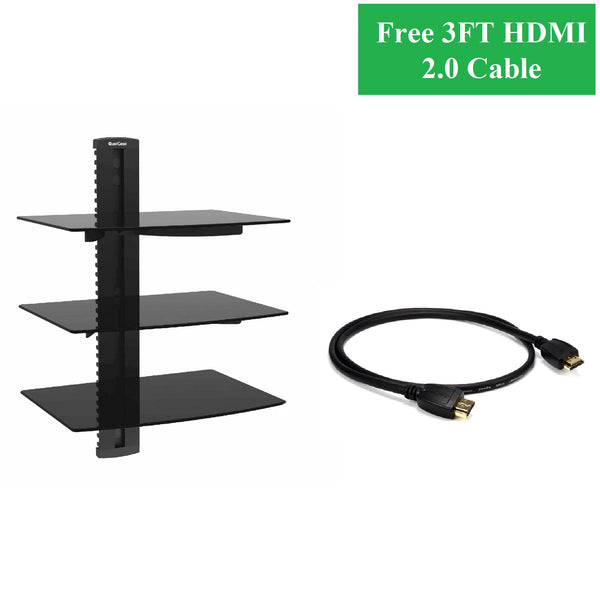 QualGear® Universal Triple Shelf Wall Mount for A/V Components upto 8kgs/17.6lbs(x3), Black (QG-DB-003-BLK) with Free 3FT High-Speed HDMI 2.0 Cable