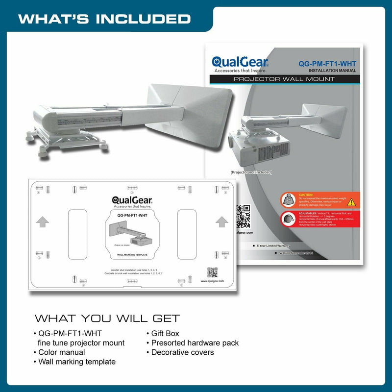 OPEN BOX - QualGear® QG-PM-FT1-WHT Universal 14.17-26.18" Adjustments Projector Wall Mount