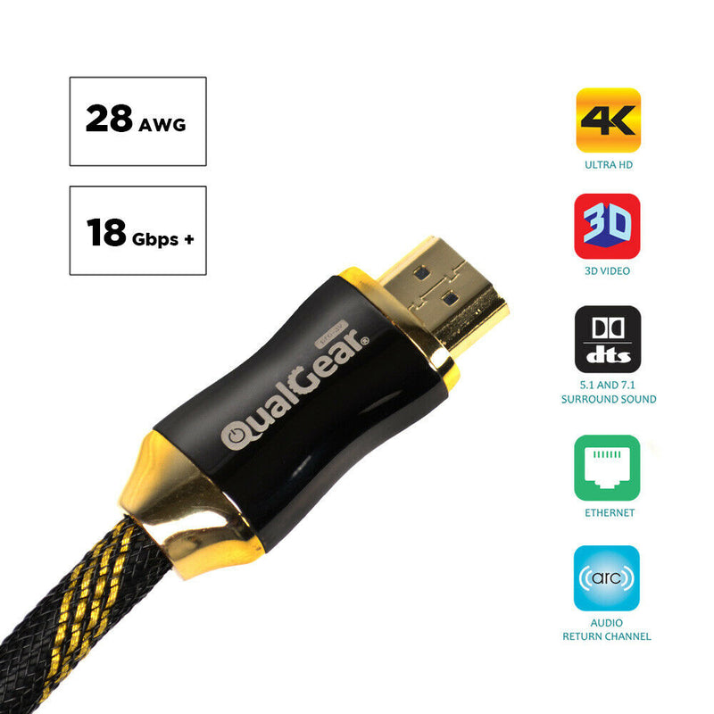 OPEN BOX - QualGear® 3 Feet High Speed HDMI Premium Certified 2.0b cable with 24K Gold Plated Contacts, Supports 4K Ultra HD, 3D, 18Gbps, Audio Return Channel,100% OFC Copper, Ethernet (QG-PCBL-HD20-3FT)