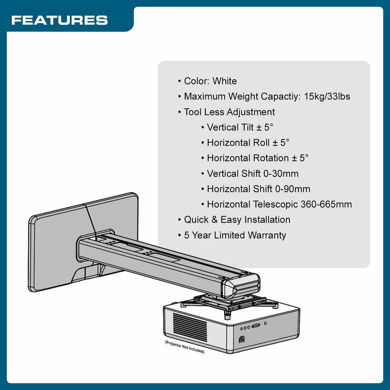 OPEN BOX - QualGear® QG-PM-FT1-WHT Universal 14.17-26.18" Adjustments Projector Wall Mount