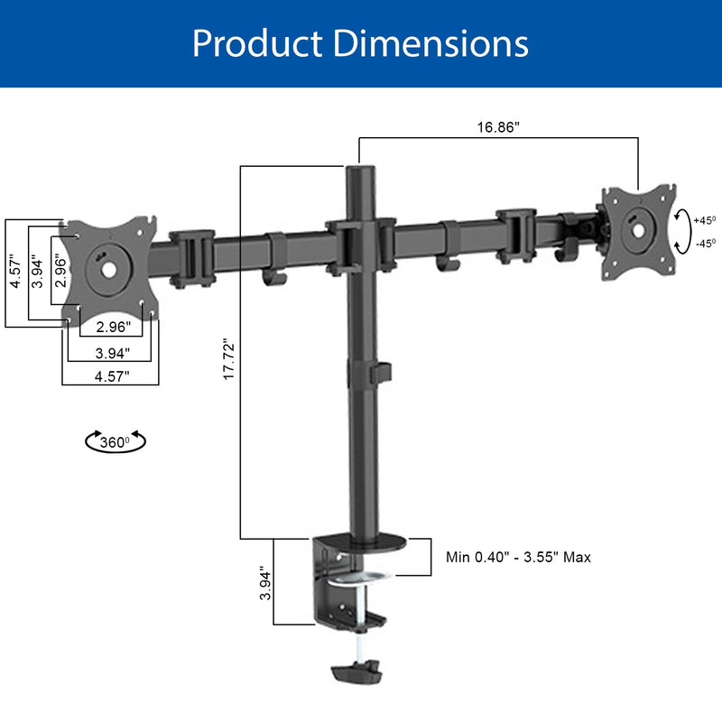 OPEN BOX- QualGear® QG-DM-02-22 13-27 Inch 3-Way Articulating Dual Monitor Desk Mount