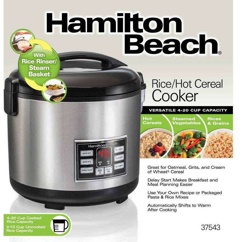 Hamilton Beach Rice & Hot Cereal Cooker, 10-Cups uncooked resulting in 20-Cups (Cooked), with Steam & Rinse Basket (37543), Stainless Steel