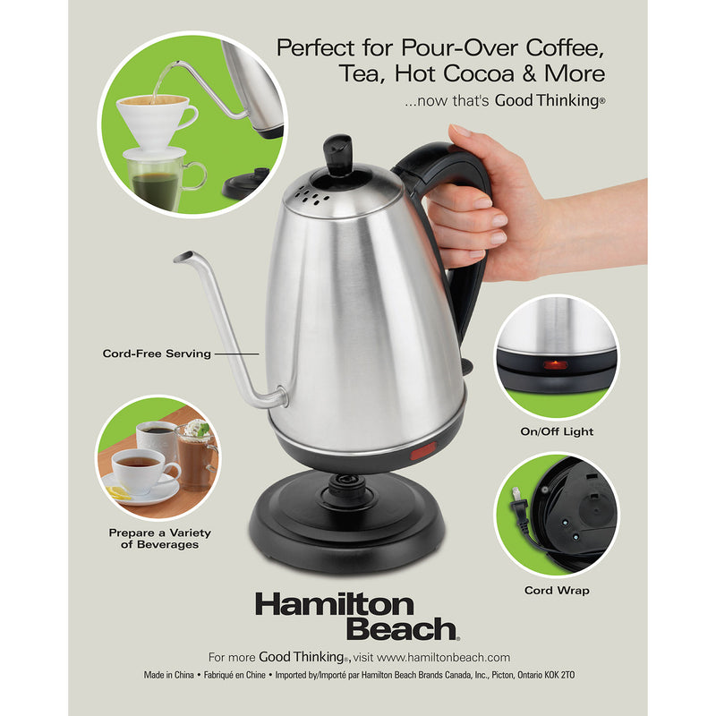 Hamilton Beach Gooseneck Pour Over Electric Tea Kettle, Water Boiler & Heater, 1.2 L, Cordless, Auto-Shutoff & Boil-Dry Protection, Stainless Steel (40899)
