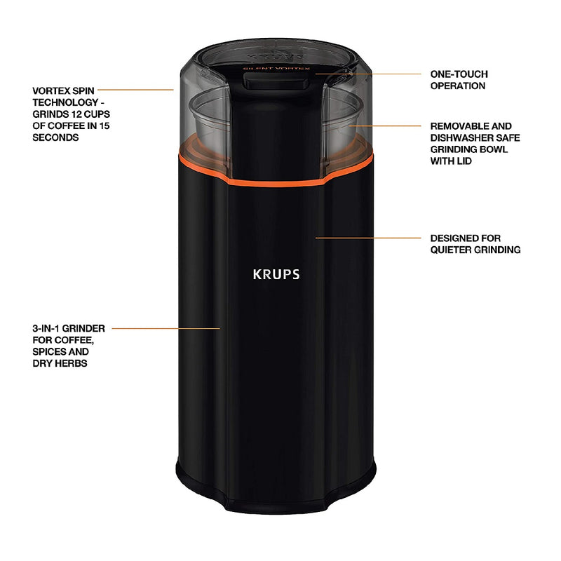 KRUPS GX332850 Silent Vortex Electric Grinder for Spice, Dry Herbs and Coffee, 12-Cups, Black (Refurbished)