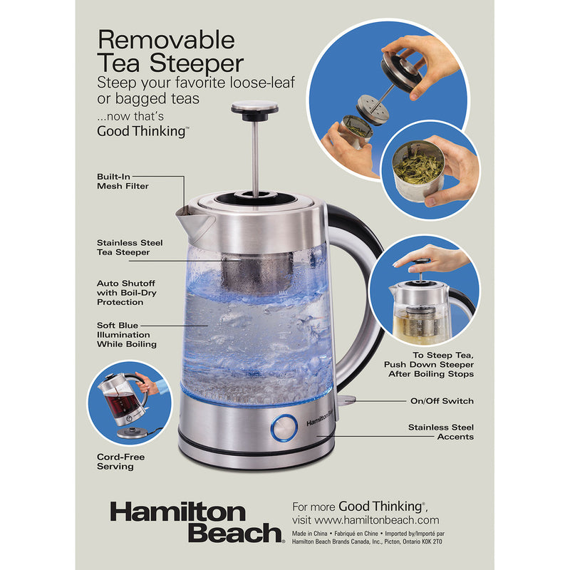 Hamilton Beach 1.7 Liter Electric Glass Kettle with Tea Steeper (40868C)